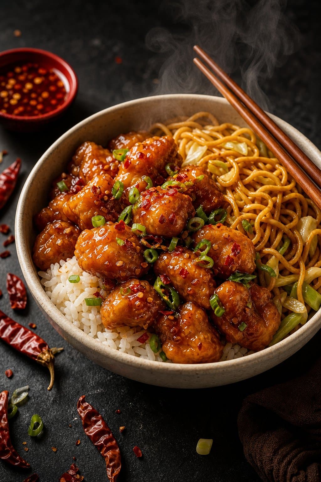 Orange chicken bowl with rice, chow mein and chopsticks at Panda Express