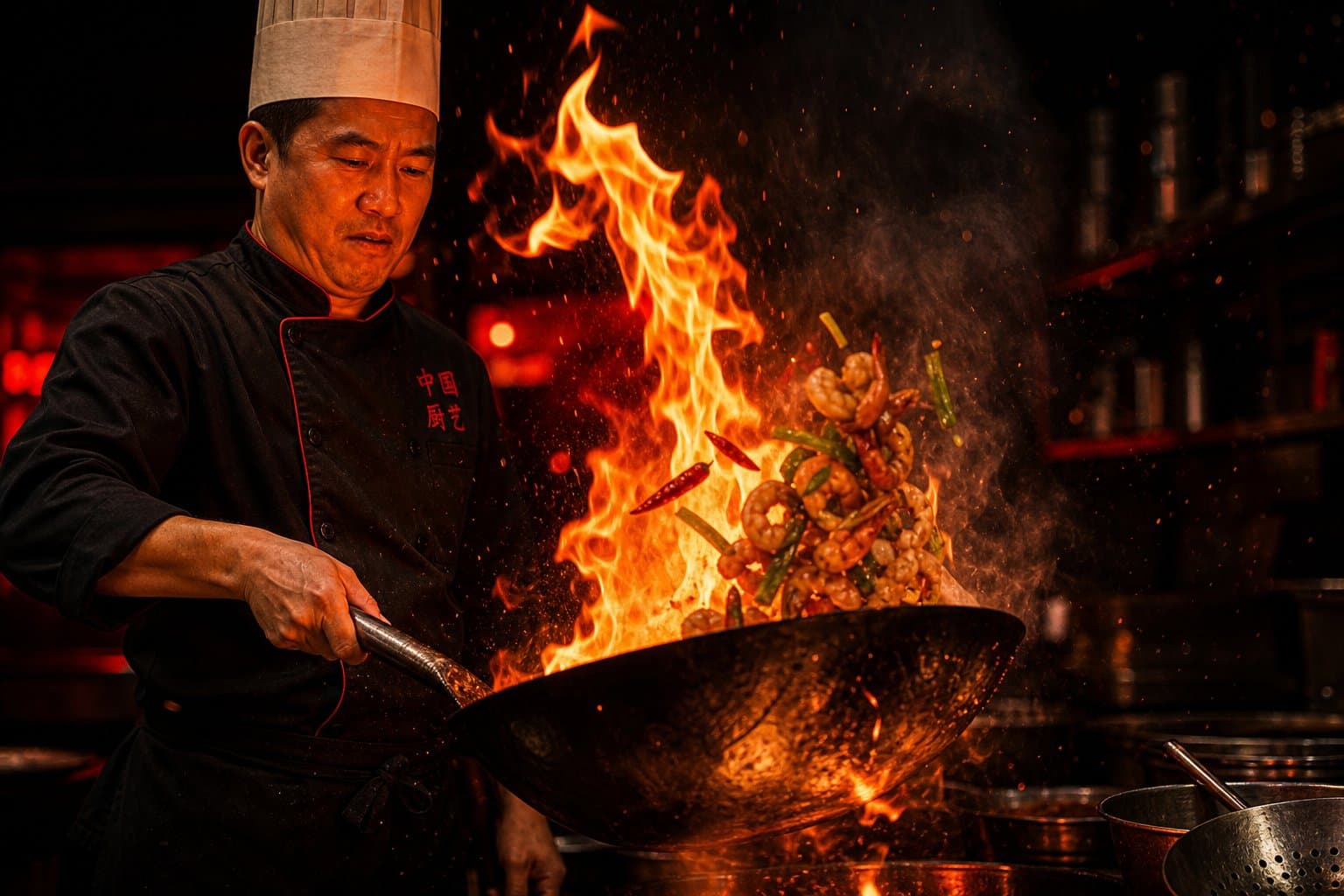 Chef tossing a flaming wok of fresh stir fry at Panda Express
